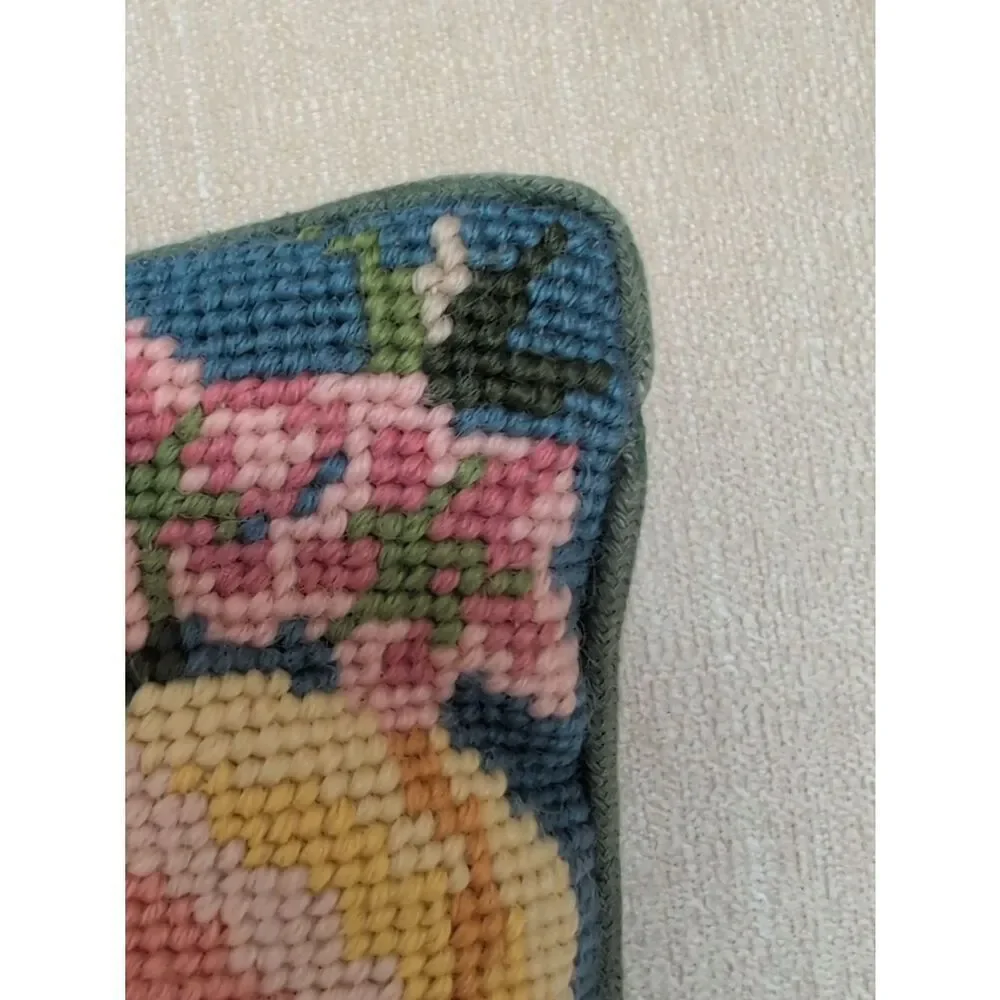 Handmade Fruit Needlepoint Pillow - Blue Background Yellow Pineapple Vintage